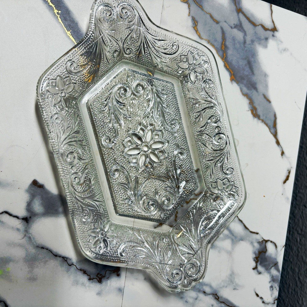 Indiana Glass Tiara Sandwich Clear Pressed Tray Floral Scroll Handles 9 1/4" USA